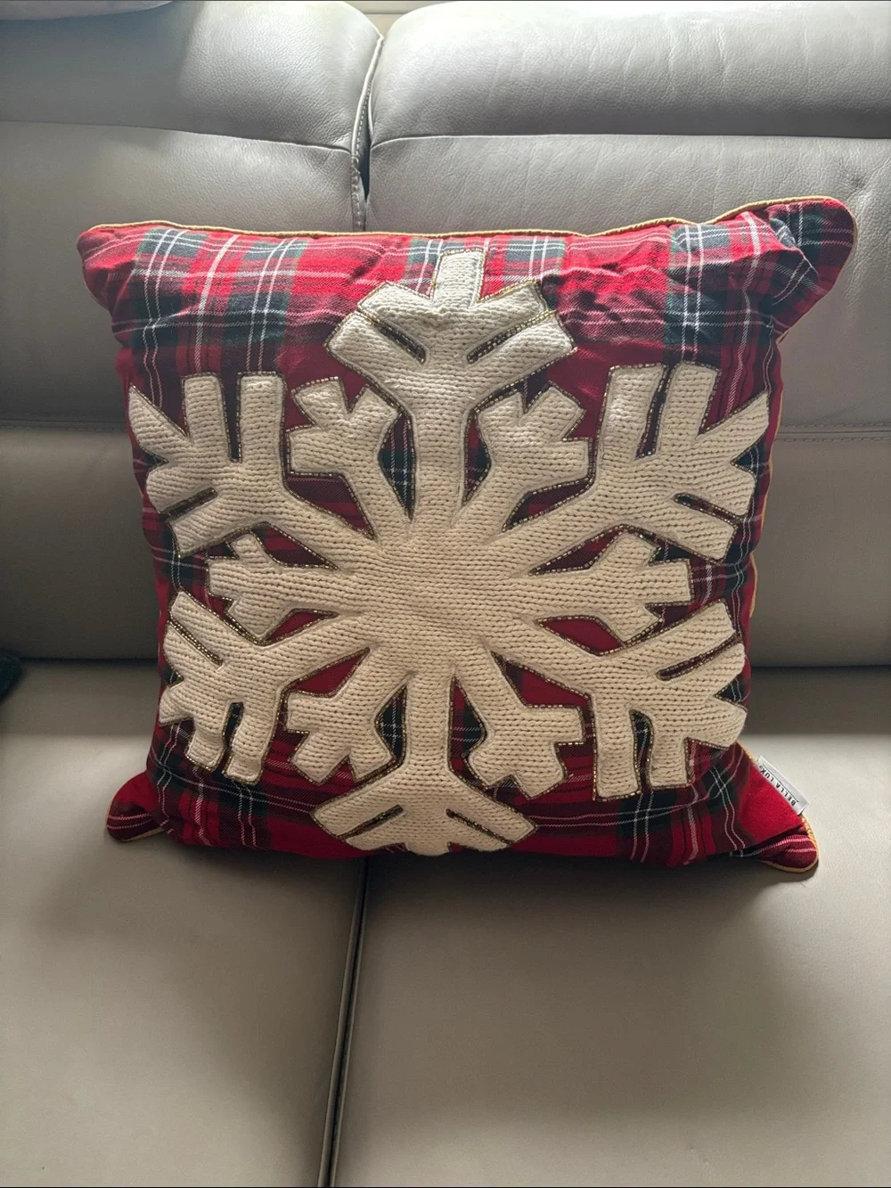 Bella Luxx Red Plaid Pillow with Cream Snowflake Appliqué